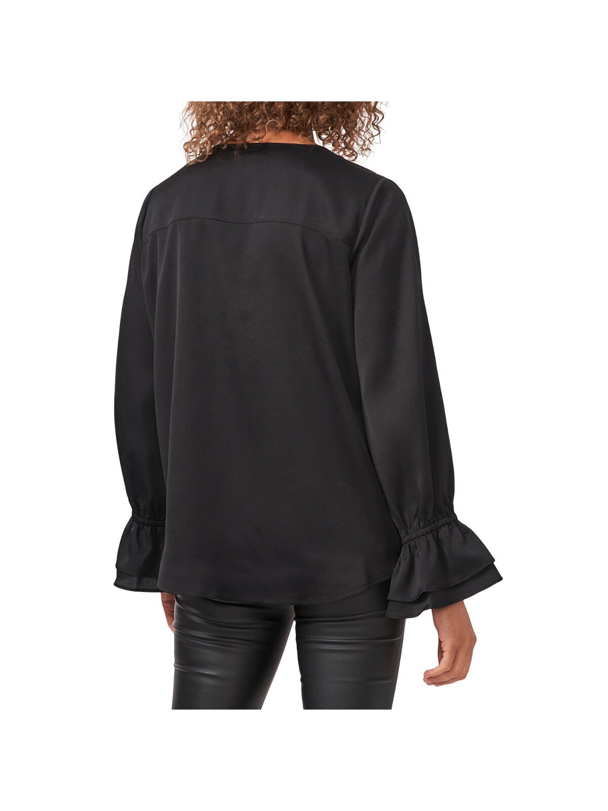 VINCE CAMUTO Womens Black Sheer Ruffled-cuff Long Sleeve Surplice Neckline Wear To Work Faux Wrap Top L