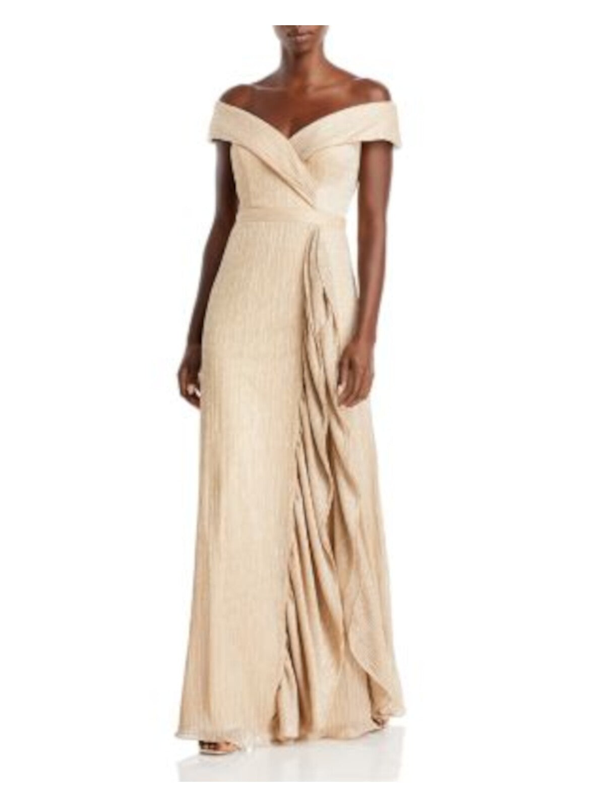 AQUA FORMAL Womens Gold Ruffled Zippered Lined Short Sleeve Off Shoulder Full-Length Evening Gown Dress 6