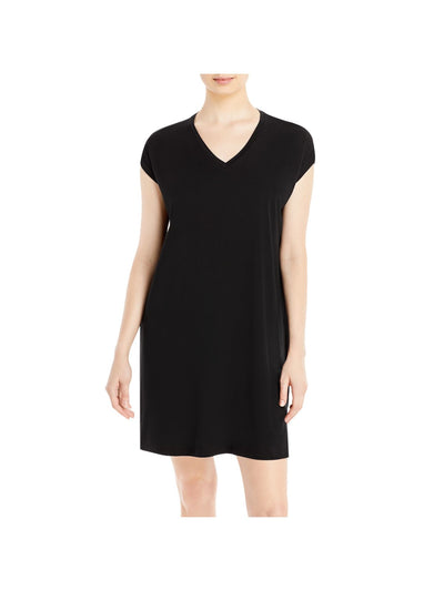 EILEEN FISHER Womens Black Stretch Cap Sleeve V Neck Above The Knee Shift Dress L