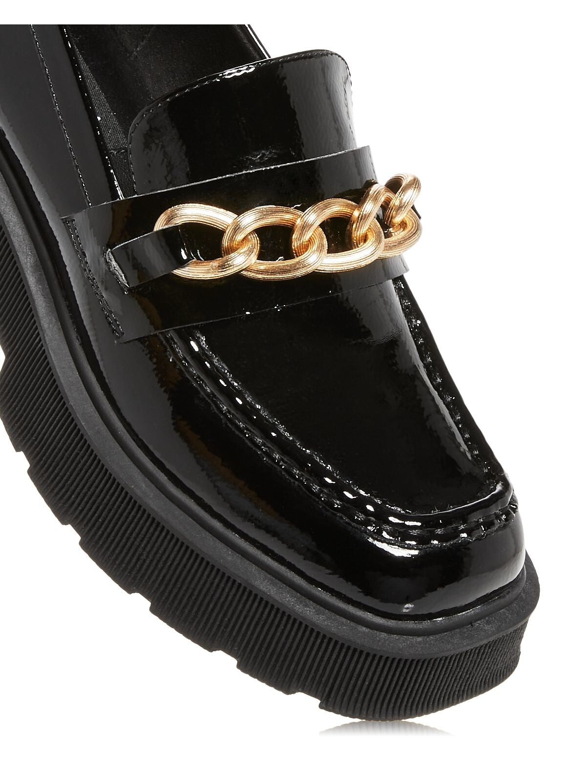 AQUA Womens Black Chain 1" Platform Comfort Brynn Square Toe Block Heel Slip On Leather Loafers Shoes