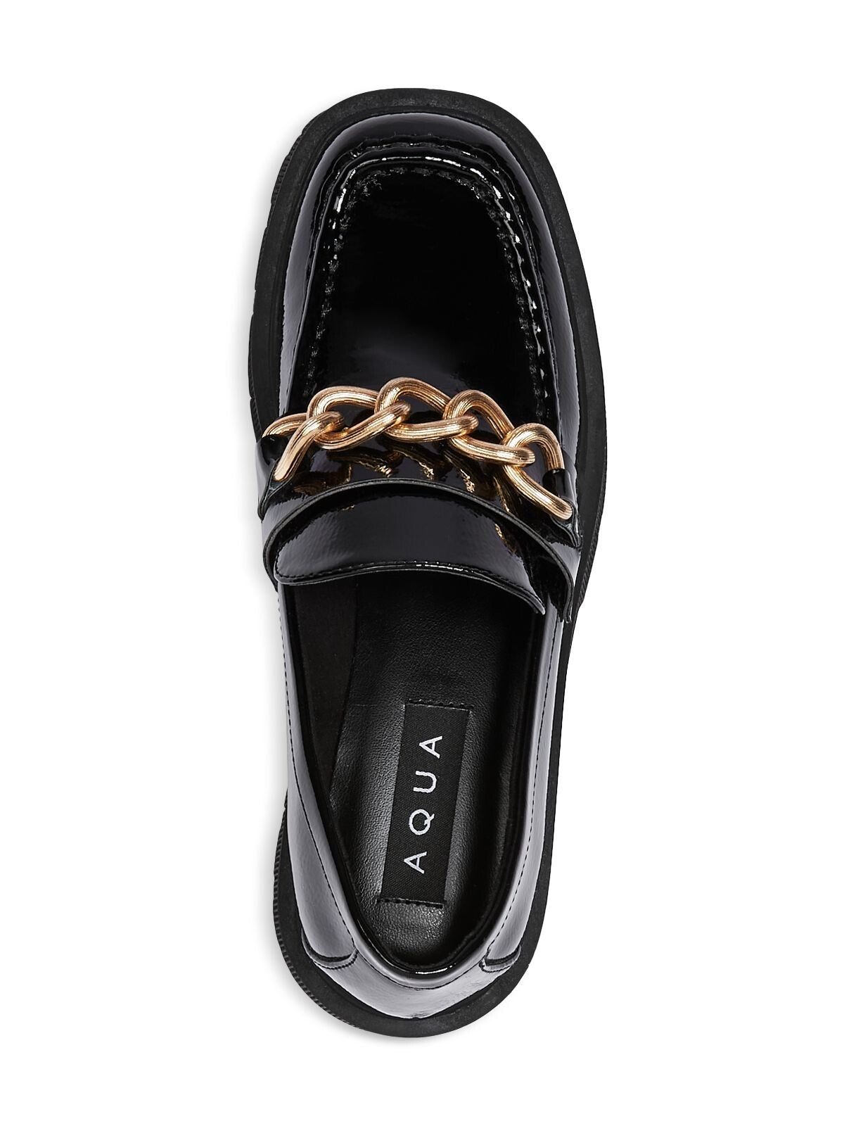 AQUA Womens Black Chain 1" Platform Comfort Brynn Square Toe Block Heel Slip On Leather Loafers Shoes 10 M