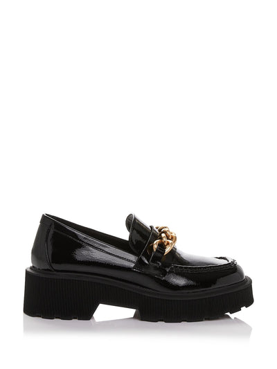 AQUA Womens Black Chain 1" Platform Comfort Brynn Square Toe Block Heel Slip On Leather Loafers Shoes 10 M