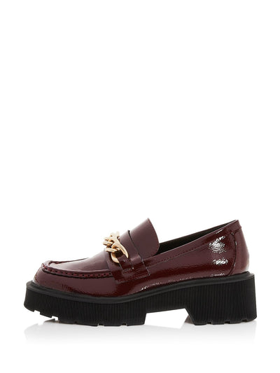 AQUA Womens Burgundy Chain 1" Platform Comfort Brynn Square Toe Block Heel Slip On Leather Loafers Shoes 8 M