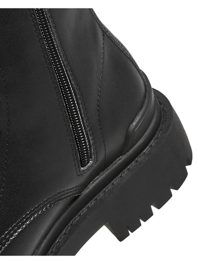 AQUA Womens Black Pull Tab Lug Sole Lace Quinn Round Toe Block Heel Lace-Up Leather Combat Boots