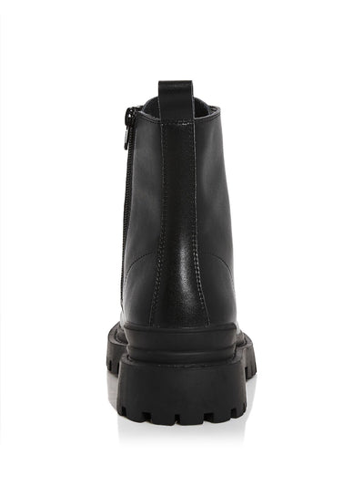 AQUA Womens Black Pull Tab Lug Sole Lace Quinn Round Toe Block Heel Lace-Up Leather Combat Boots 6 M
