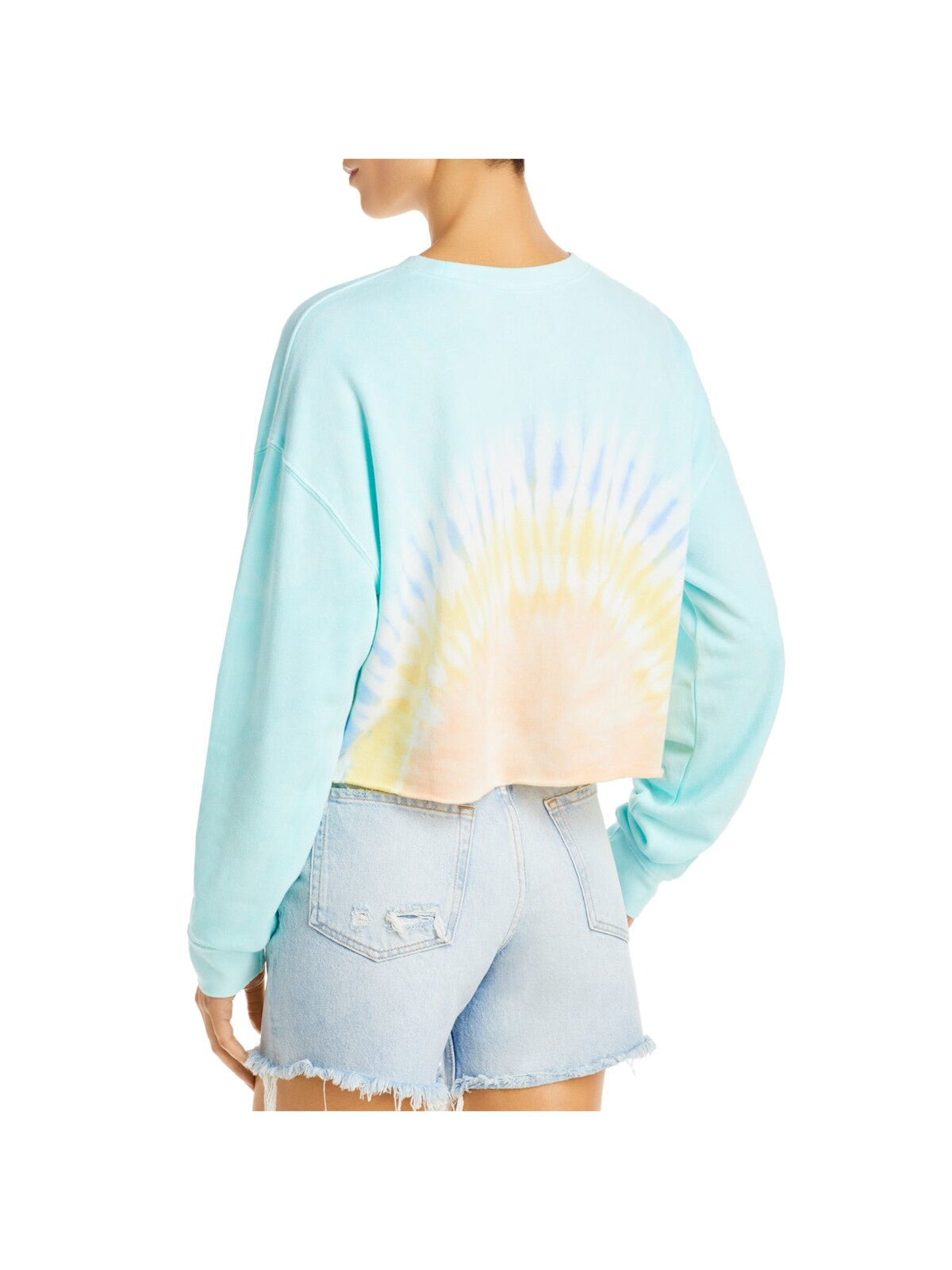 WSLY Womens Light Blue Ribbed Embroidered Cropped Tie Dye Long Sleeve Crew Neck Sweatshirt L