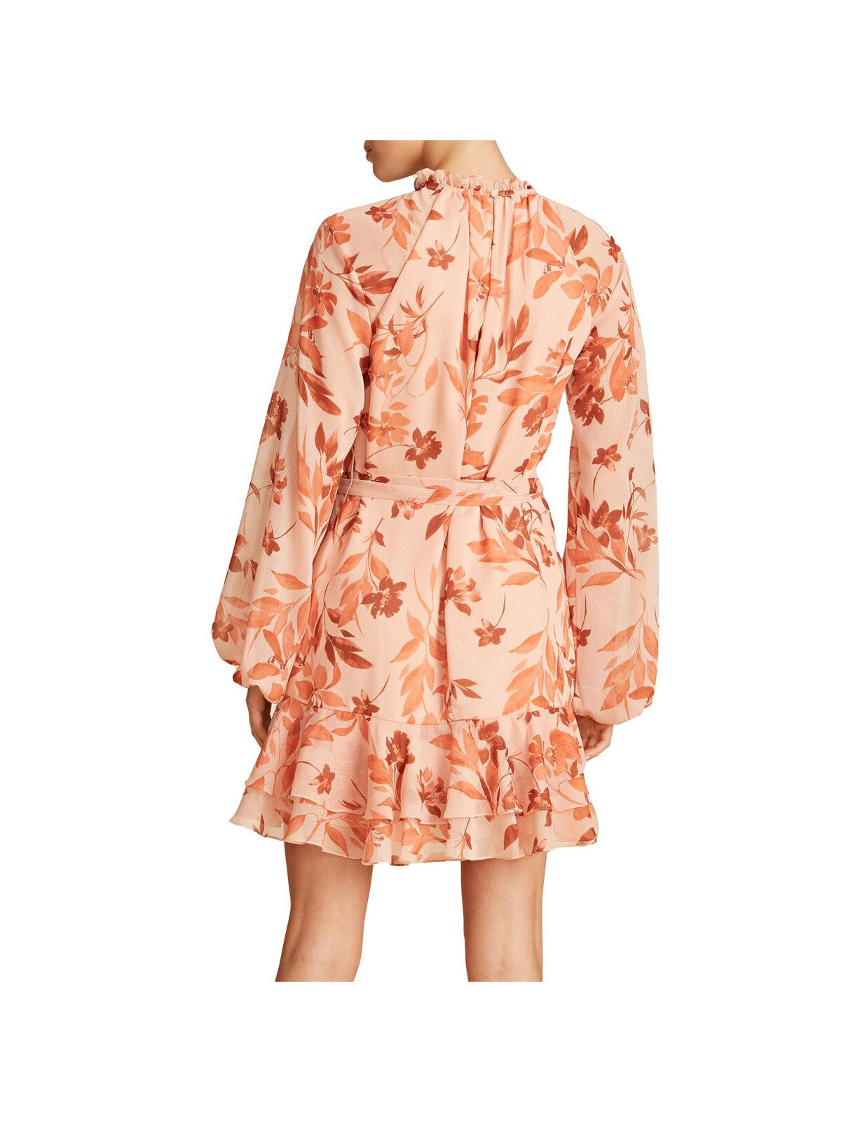 ML MONIQUE LHUILLIER Womens Orange Pleated Ruffled Keyhole Back Button Closure Shee Printed Blouson Sleeve Mock Neck Short Party Fit + Flare Dress 6