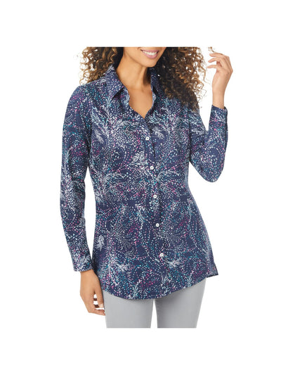 FOXCROFT Womens Navy Printed Cuffed Sleeve Collared Button Up Top 2