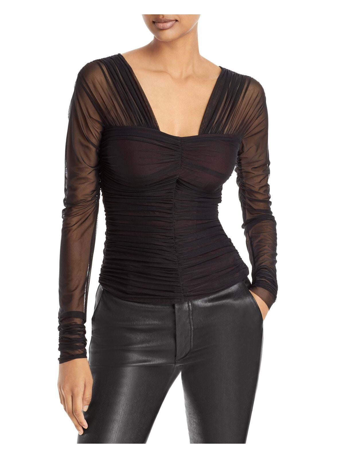 A.L.C Womens Black Mesh Ruched Lined Long Sleeve V Neck Party Top M
