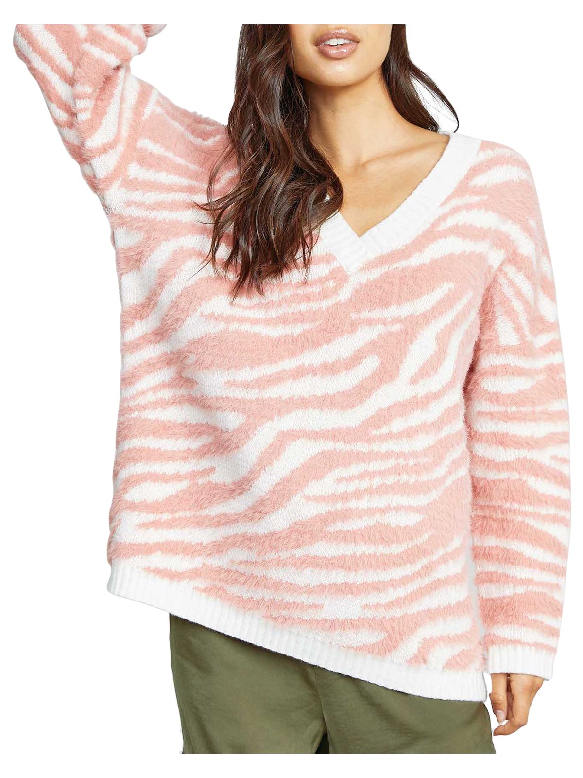 SADIE&SAGE Womens Pink Textured Ribbed Printed Long Sleeve V Neck Sweater S