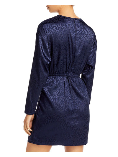 AQUA Womens Navy Twist Front Side Knot Long Sleeve Crew Neck Mini Evening Sheath Dress M