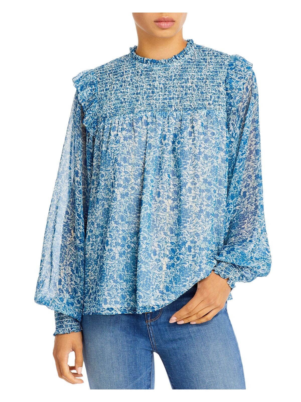 AQUA Womens Blue Zippered Smocked Ruffled Lined Floral Long Sleeve Crew Neck Wear To Work Top S