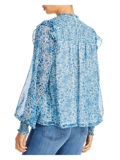 AQUA Womens Blue Zippered Smocked Ruffled Lined Floral Long Sleeve Crew Neck Wear To Work Top S
