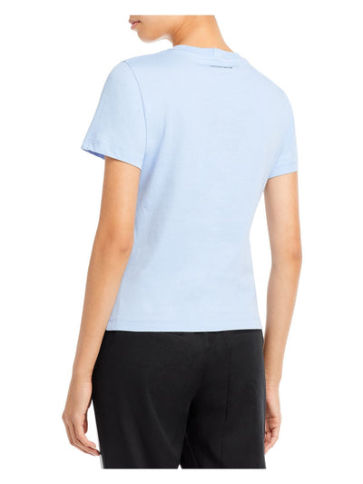 HELMUT LANG Womens Light Blue Ribbed Logo Graphic Short Sleeve Crew Neck T-Shirt M