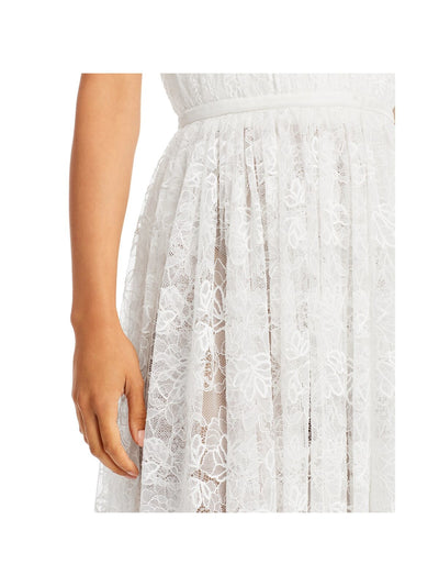 SAU LEE Womens White Lace Zippered Pleated Spaghetti Strap Sweetheart Neckline Midi Evening Fit + Flare Dress 8