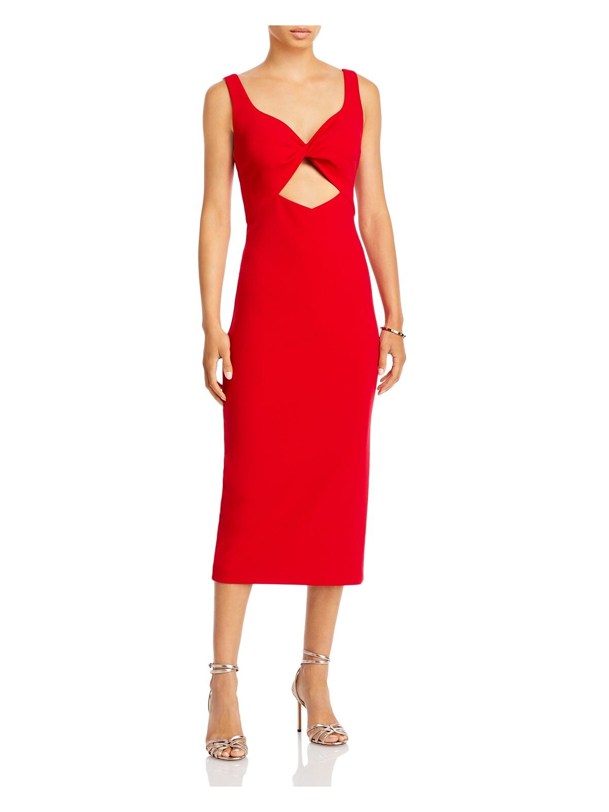 AQUA FORMAL Womens Red Stretch Twist Front Cut Out Zippered Back Slit Lined Sleeveless Sweetheart Neckline Midi Cocktail Sheath Dress 2