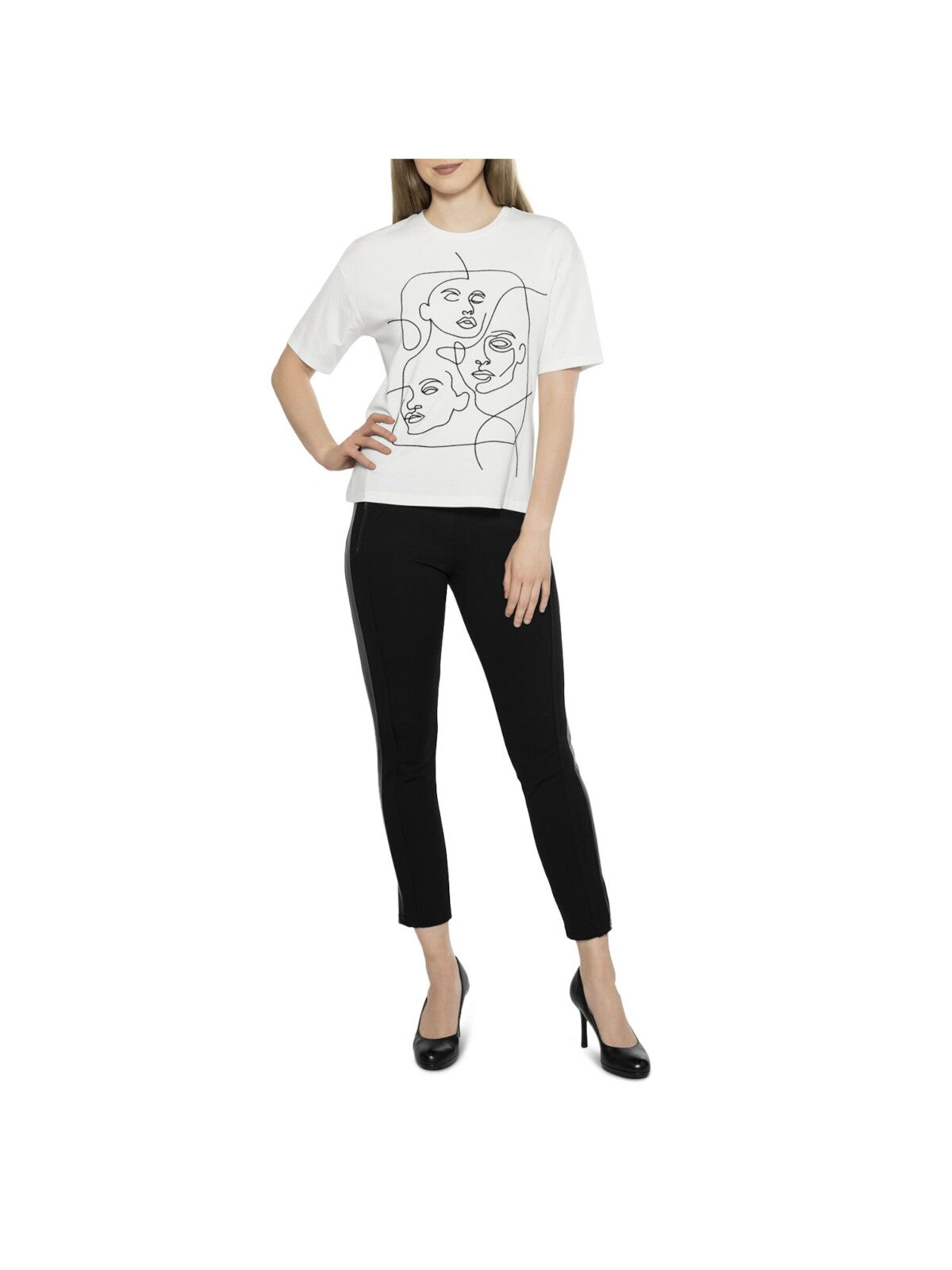 GRACIA Womens White Stretch Embroidered Graphic Short Sleeve Crew Neck T-Shirt M