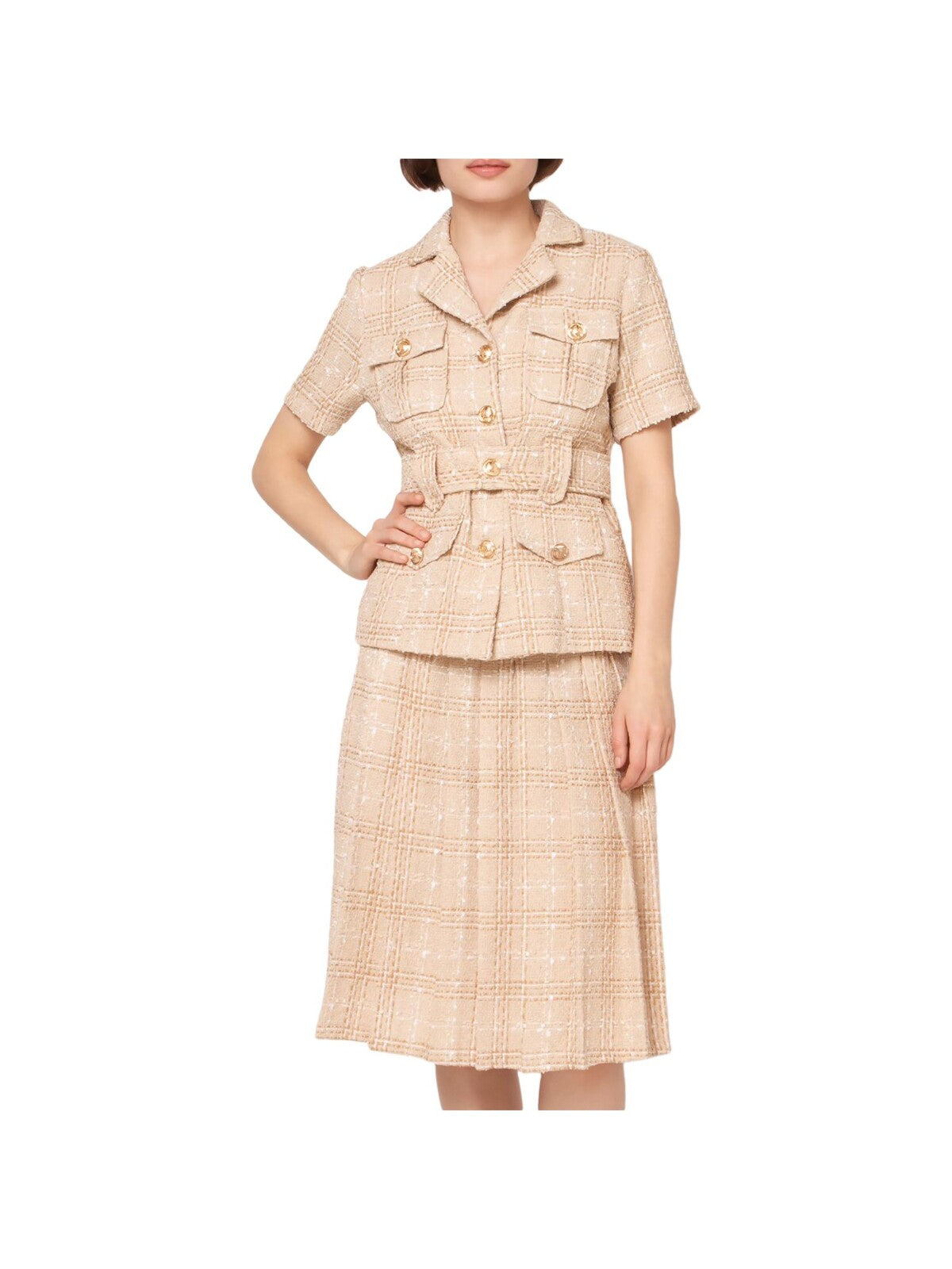 GRACIA Womens Beige Zippered Pleated Lined Knee Length Wear To Work A-Line Skirt S