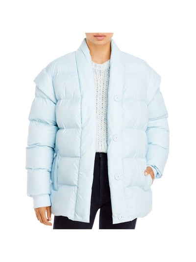 AQUA Womens Pocketed Belted Button Front Long Sleeve Collarless Puffer Winter Jacket Coat