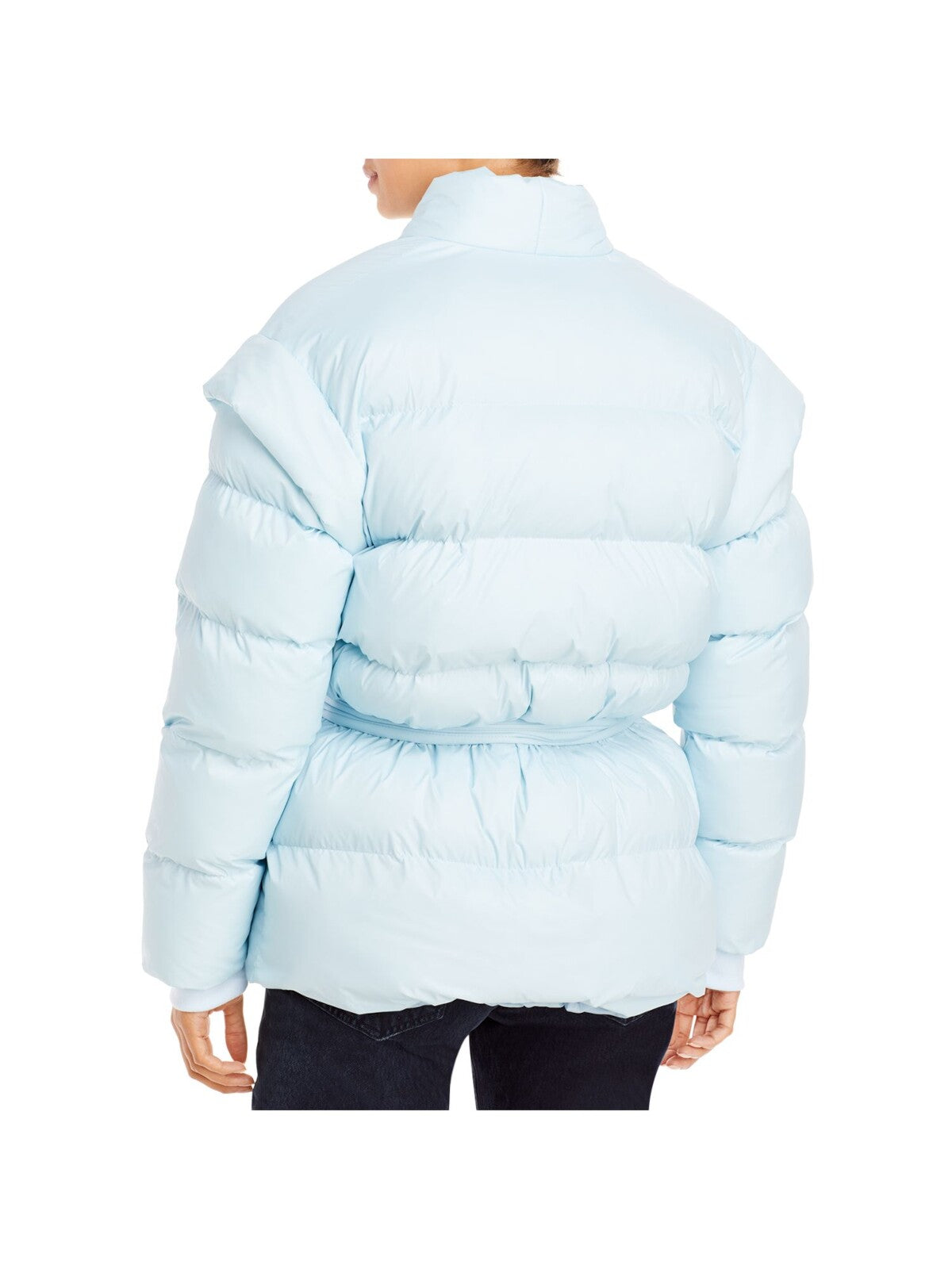 AQUA Womens Light Blue Pocketed Belted Button Front Long Sleeve Collarless Puffer Winter Jacket Coat XS