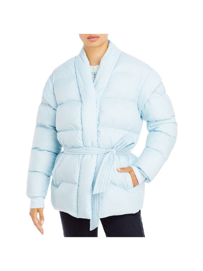 AQUA Womens Light Blue Pocketed Belted Button Front Long Sleeve Collarless Puffer Winter Jacket Coat XS