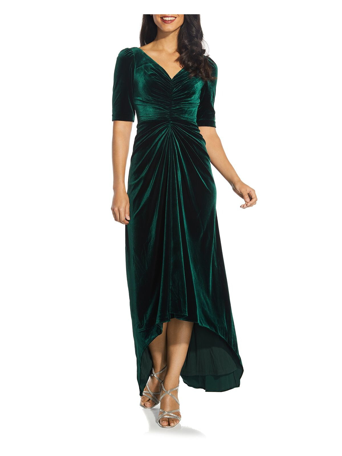 ADRIANNA PAPELL Womens Green Stretch Ruched Zippered Lined Elbow Sleeve V Neck Full-Length Formal Hi-Lo Dress 2