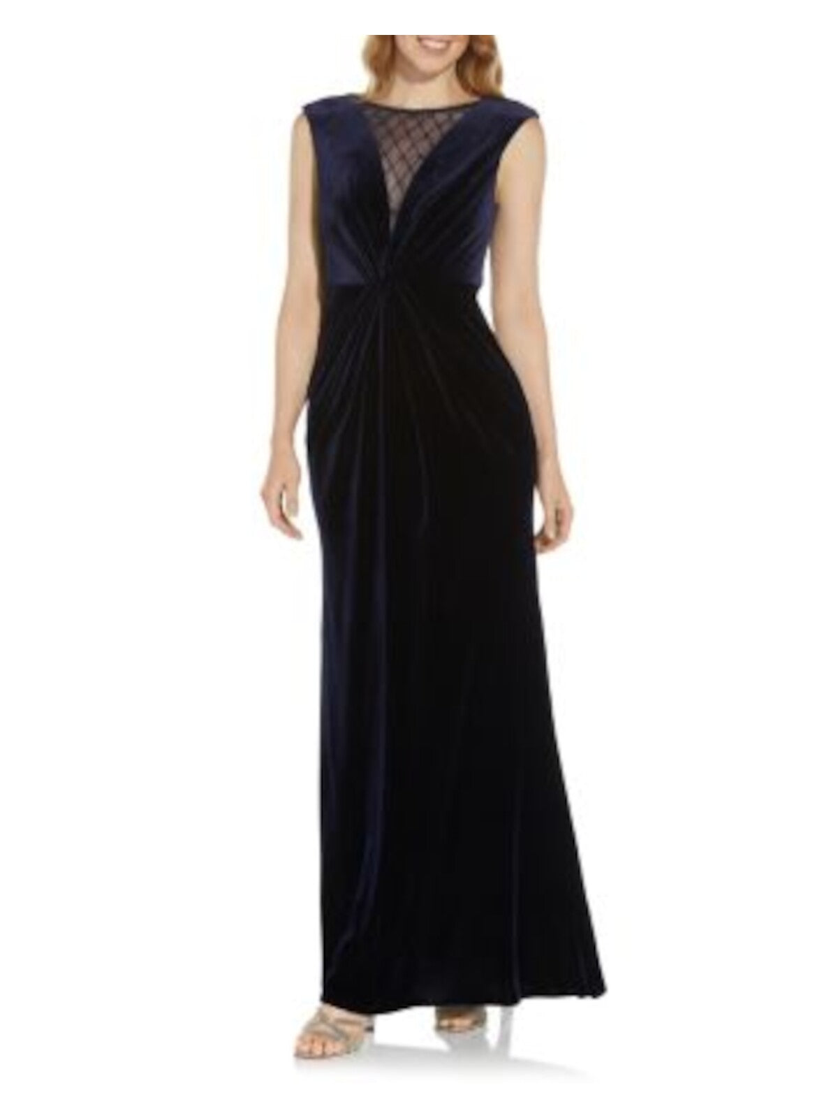 ADRIANNA PAPELL Womens Navy Stretch Beaded Zippered Velvet Illusion /beaded Mesh Sleeveless Jewel Neck Full-Length Formal Mermaid Dress 8