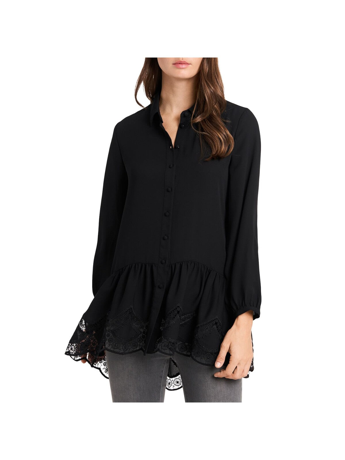 VINCE CAMUTO Womens Black Sheer Lace Trimmed Button Down Cuffed Sleeve Collared Wear To Work Tunic Top S