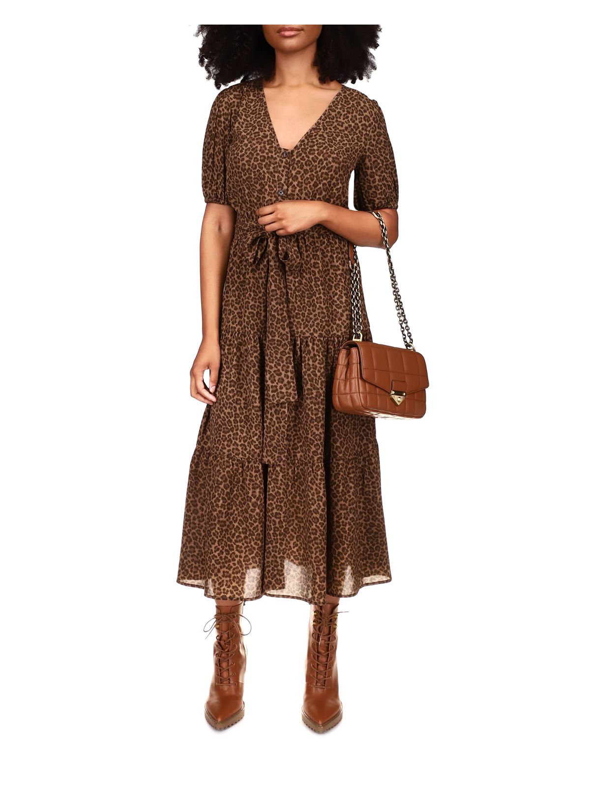 MICHAEL MICHAEL KORS Womens Brown Animal Print Short Sleeve V Neck Midi Shift Dress XL