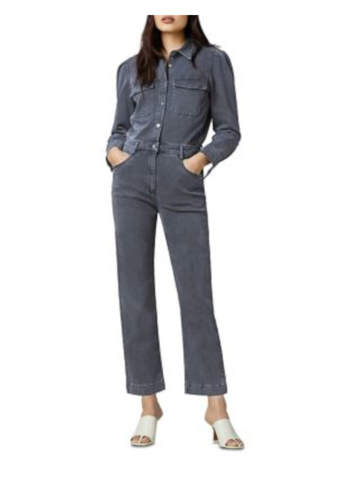 DL1961 Womens Gray Stretch Pocketed Zippered Front Snap Coveralls Long Sleeve Collared Jumpsuit XS