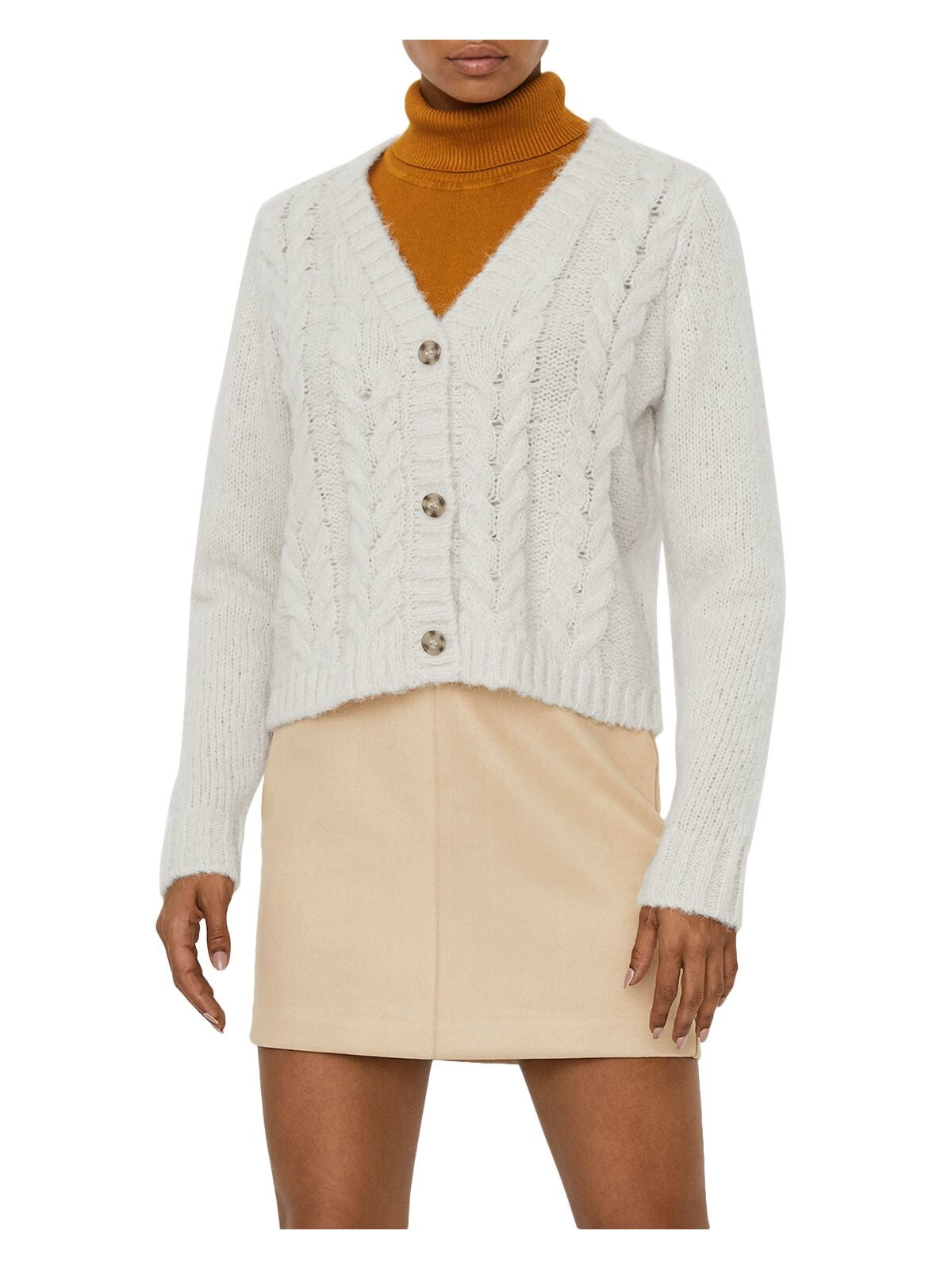VERO MODA Womens Ivory Long Sleeve V Neck Button Up Sweater L