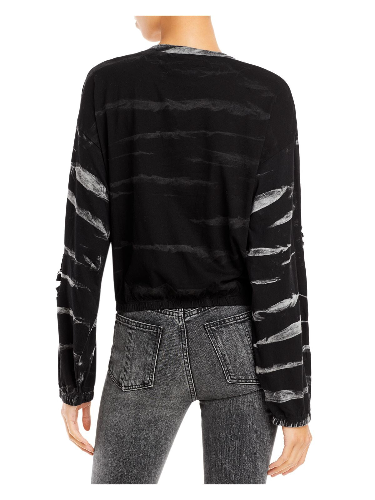 VINTAGE HAVANA Womens Black Distressed Elasticized Printed Long Sleeve Crew Neck Sweatshirt S