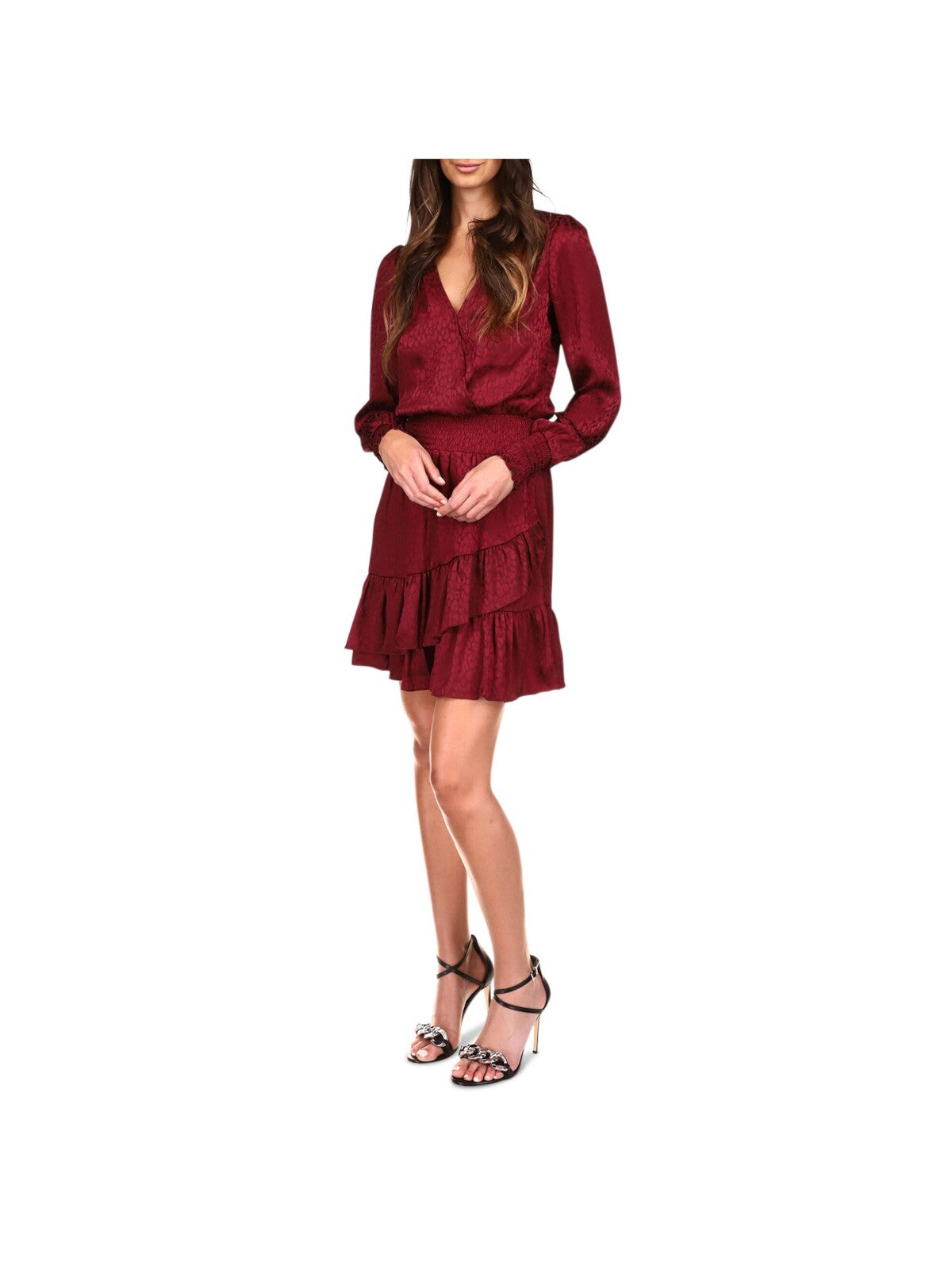 MICHAEL MICHAEL KORS Womens Burgundy Smocked Ruffled Cuffed Pull-on Style Long Sleeve V Neck Above The Knee Cocktail Faux Wrap Dress XL
