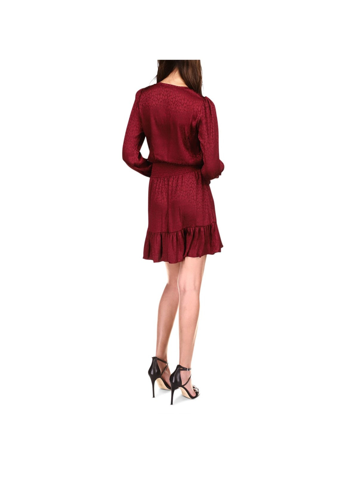 MICHAEL MICHAEL KORS Womens Burgundy Smocked Ruffled Cuffed Pull-on Style Long Sleeve V Neck Above The Knee Cocktail Faux Wrap Dress XL