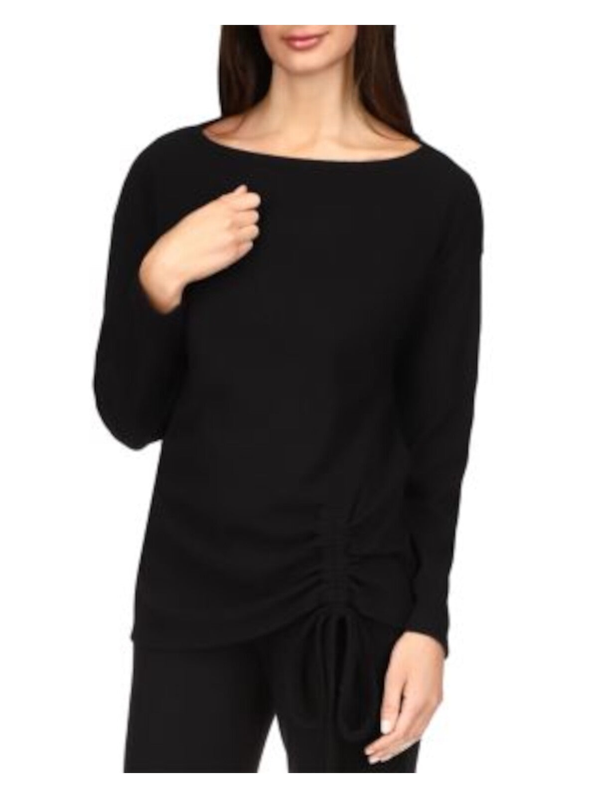 MICHAEL KORS Womens Black Ribbed Ruched Tie At Front Hem Long Sleeve Boat Neck Top S