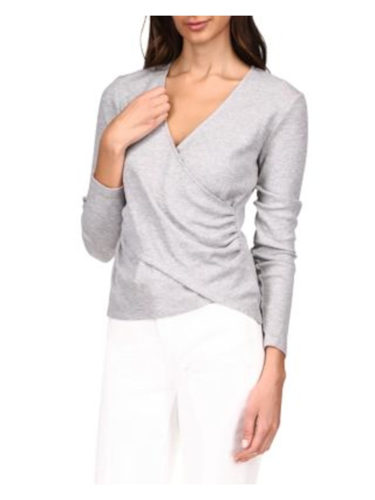 MICHAEL KORS Womens Gray Stretch Textured Long Sleeve Surplice Neckline Faux Wrap Top XL