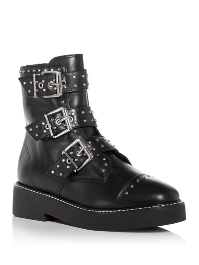 SCHUTZ Womens Black Platform Buckles Studded Padded Caligas Cap Toe Block Heel Zip-Up Leather Combat Boots 6 B