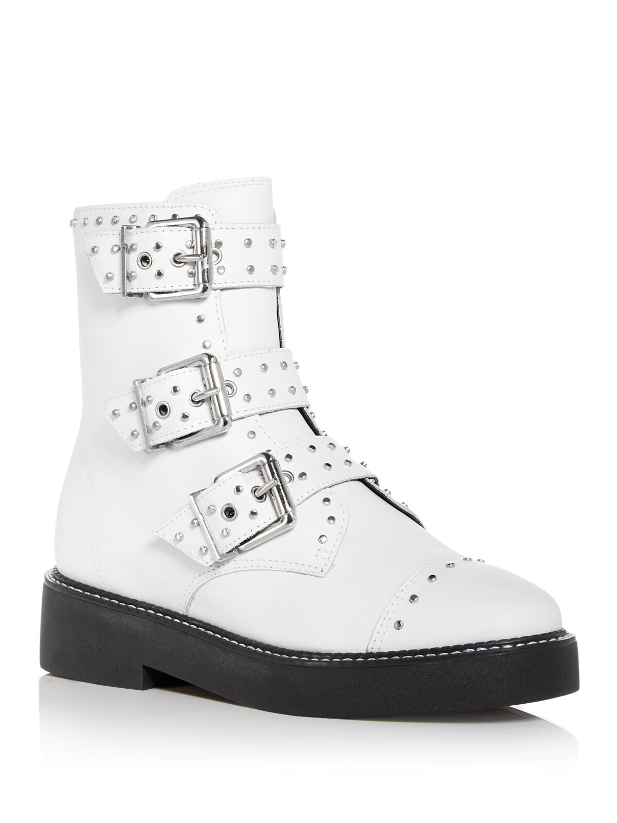 SCHUTZ Womens White Buckle Accent Studded Caligas Round Toe Block Heel Zip-Up Leather Combat Boots 6.5 B