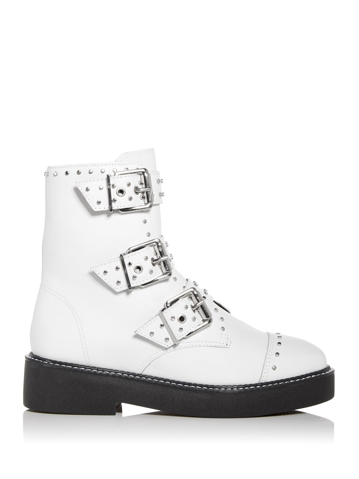 SCHUTZ Womens White Buckle Accent Studded Caligas Round Toe Block Heel Zip-Up Leather Combat Boots 6.5 B