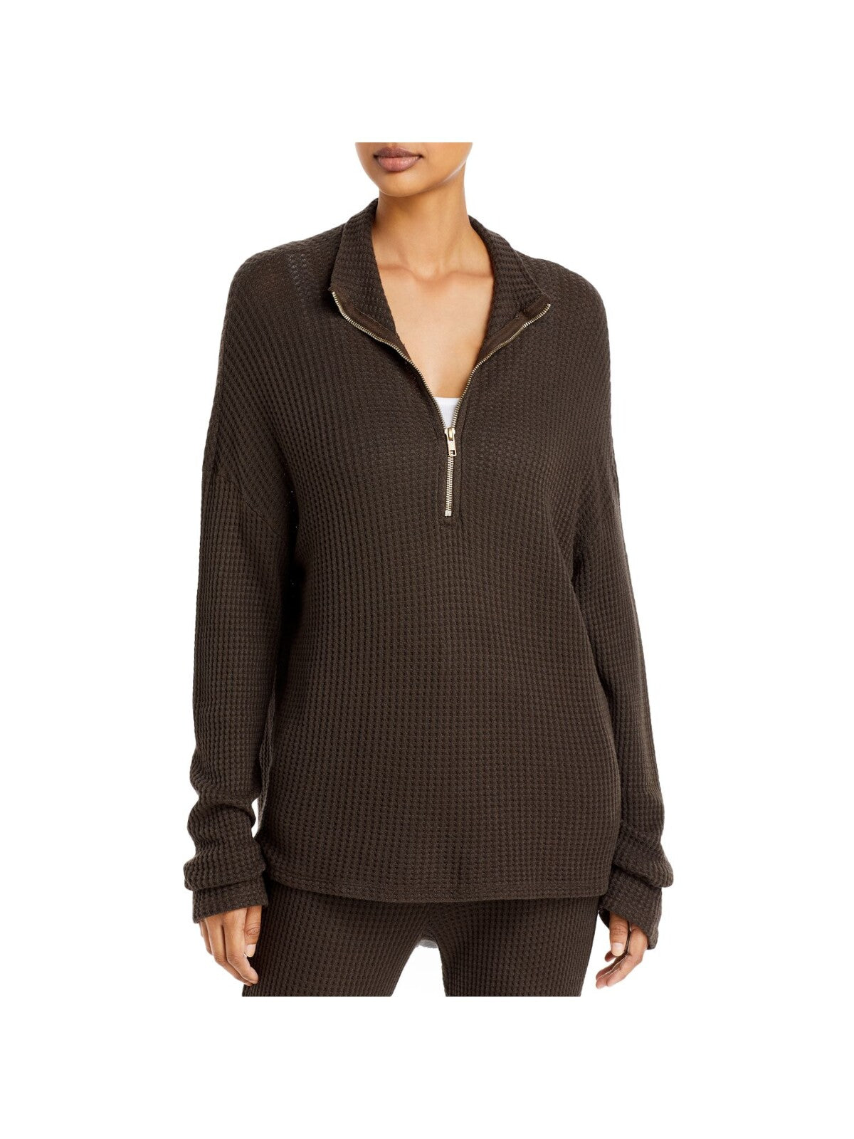 N: PHILANTHROPY Womens Brown Zippered Waffle Knit Long Sleeve Sweatshirt S