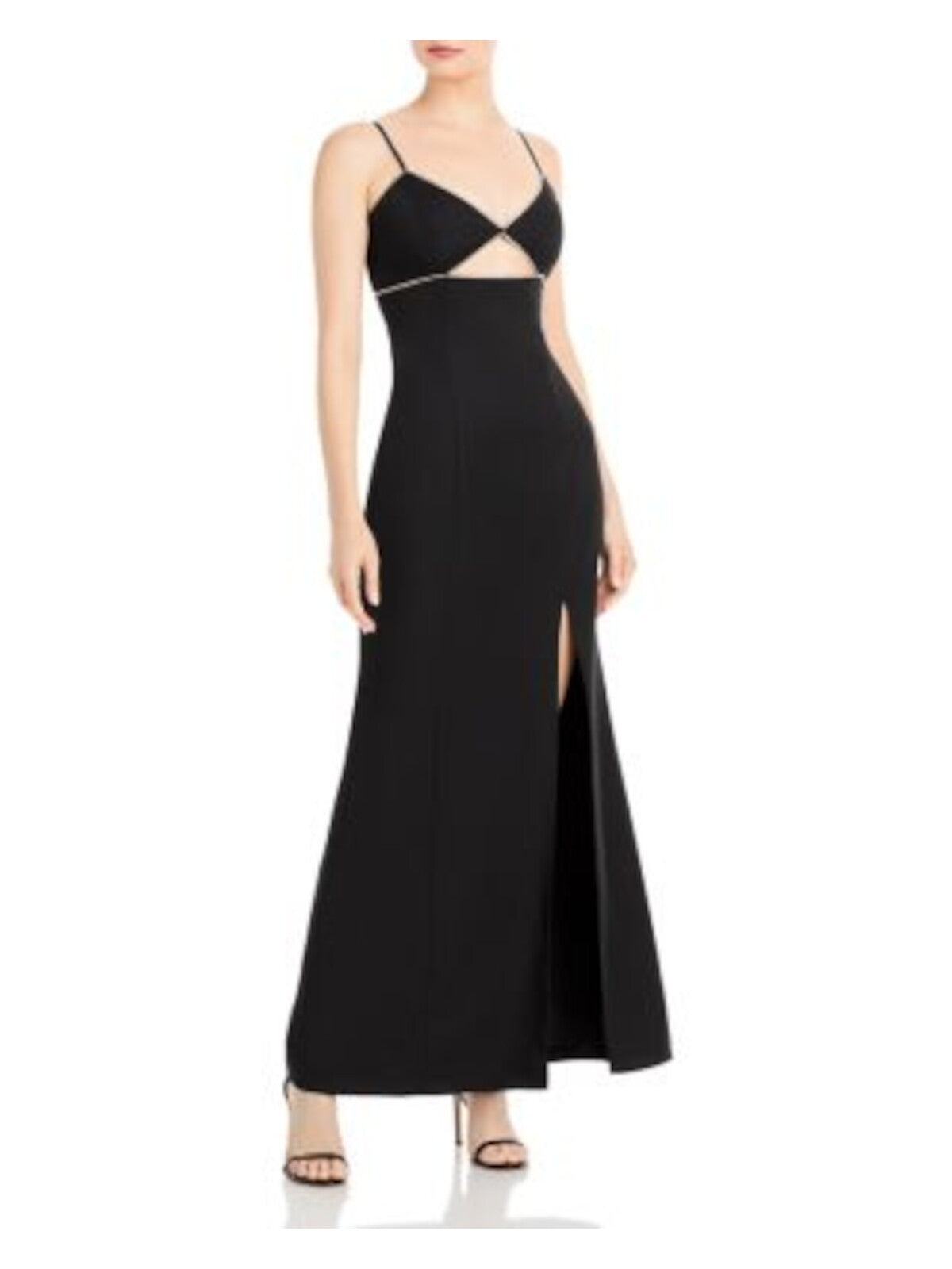 AQUA Womens Black Rhinestone Zippered Front Cut Out High Slit Lined Spaghetti Strap V Neck Full-Length Formal Gown Dress 6
