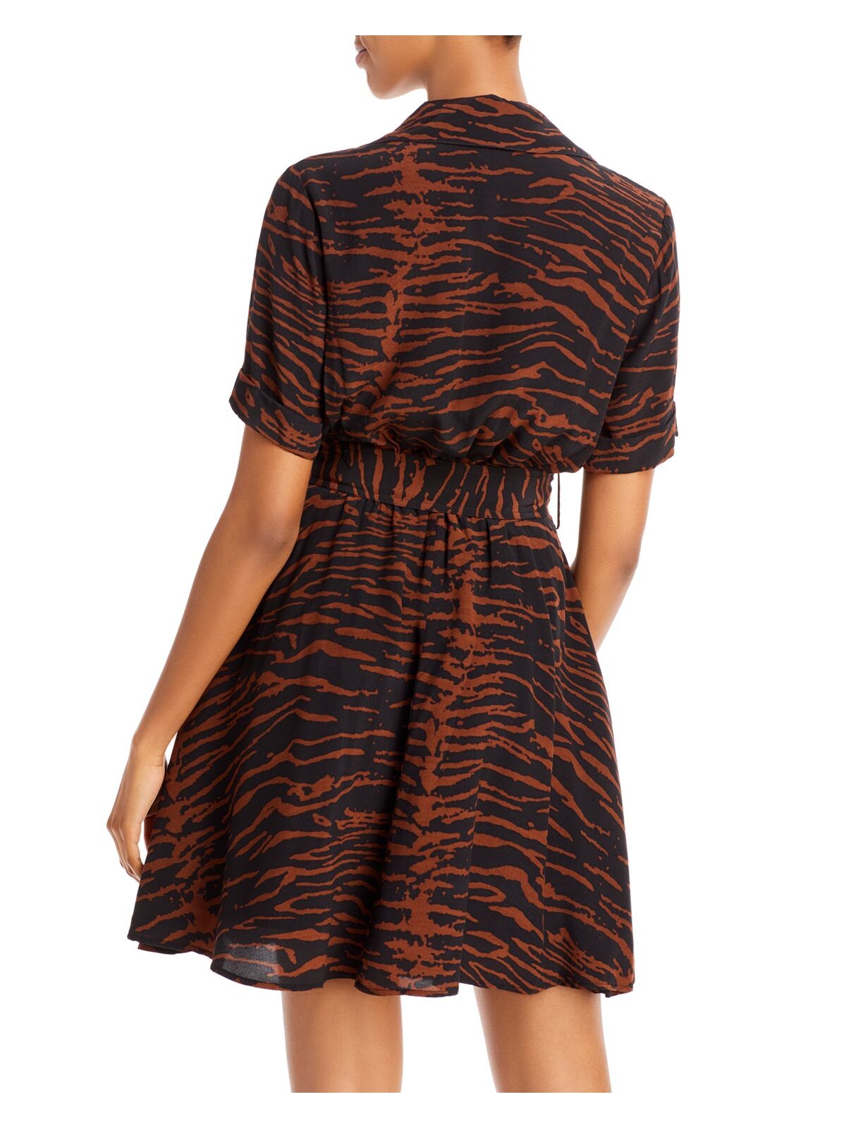 STAUD Womens Brown Belted Pocketed Gathered Elastic Waist Animal Print Short Sleeve Collared Above The Knee Shirt Dress 8