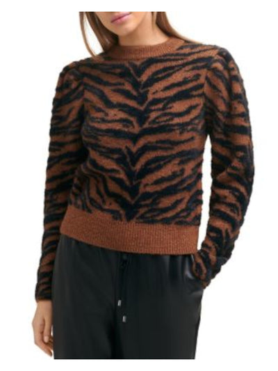 DKNY Womens Brown Stretch Short Length Fuzzy Ribbed Neck And Hem Animal Print Long Sleeve Crew Neck Sweater XS