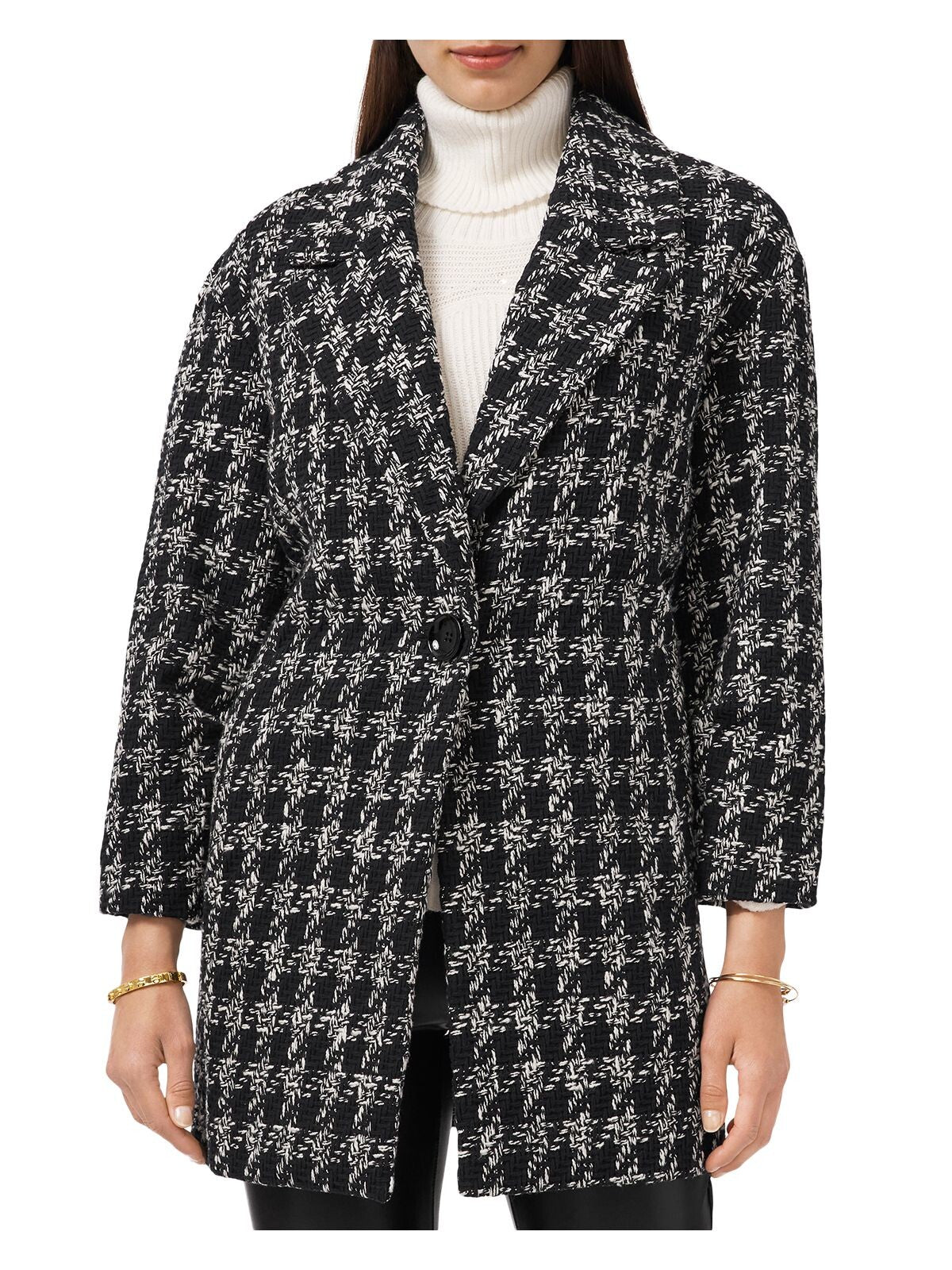 VINCE CAMUTO Womens Black Pocketed Notch Lapels Long Sleeves Lined Houndstooth Jacket M