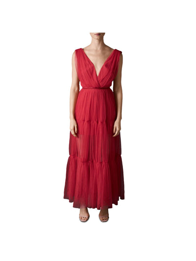 SAU LEE Womens Red Pleated Zippered Velvet Waistband Tiered Mini Sli Sleeveless V Neck Maxi Cocktail Fit + Flare Dress 2