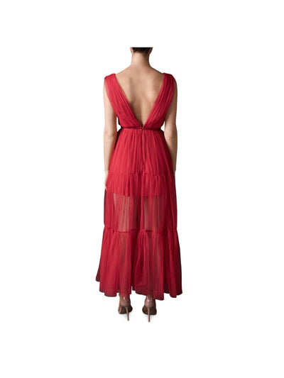 SAU LEE Womens Sheer Zippered Partially Lined Detachable Skirt Sleeveless V Neck Maxi Party Ruffled Dress
