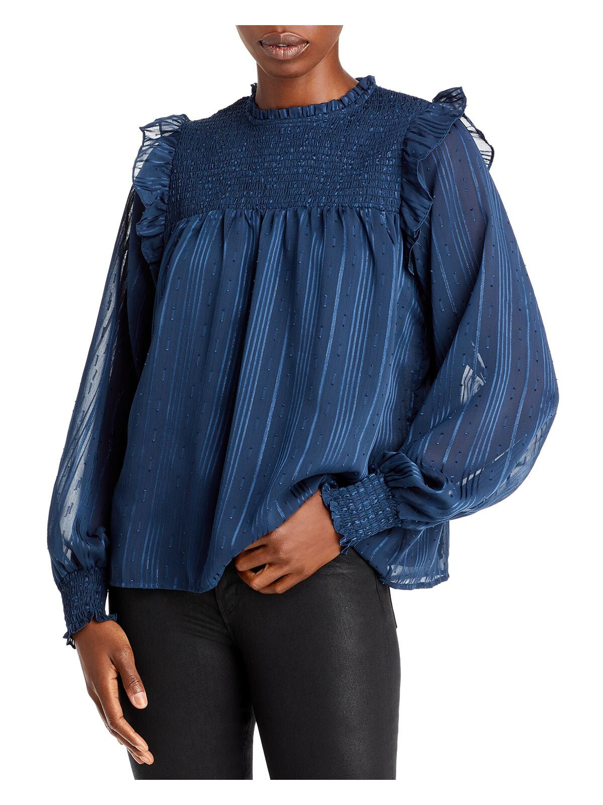 AQUA Womens Navy Scalloped Ruffled Zippered Sheer Lined Long Sleeve Mock Neck Wear To Work Top M