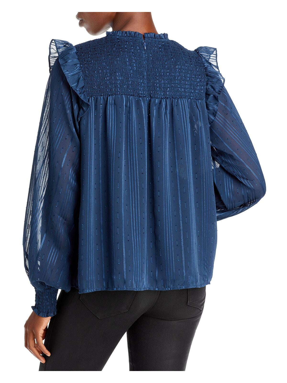 AQUA Womens Navy Scalloped Ruffled Zippered Sheer Lined Long Sleeve Mock Neck Wear To Work Top M