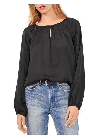 VINCE CAMUTO Womens Black Gathered Curved Hem Long Sleeve Keyhole Wear To Work Peasant Top S
