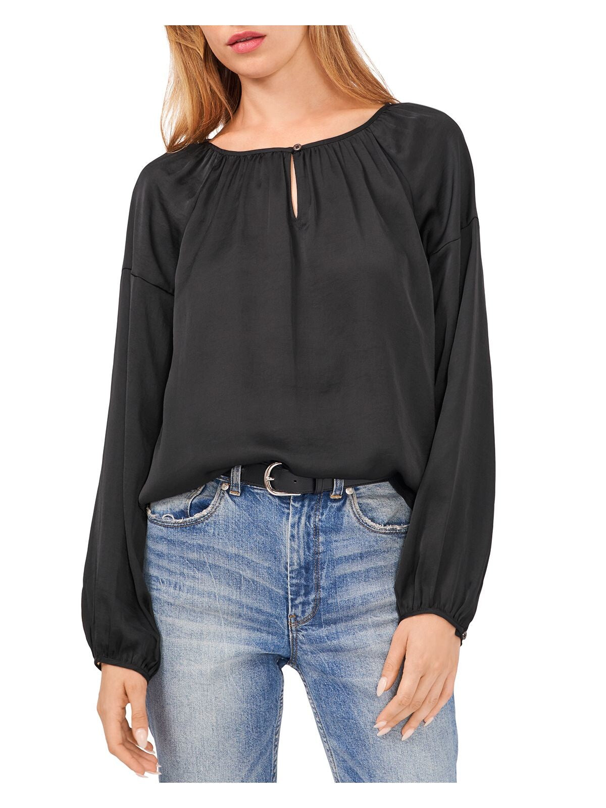 VINCE CAMUTO Womens Black Gathered Curved Hem Long Sleeve Keyhole Wear To Work Peasant Top XS